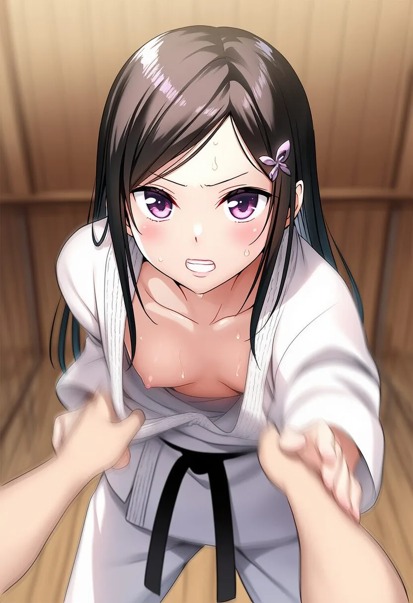 柔道中に胸ちらする黒髪のお嬢