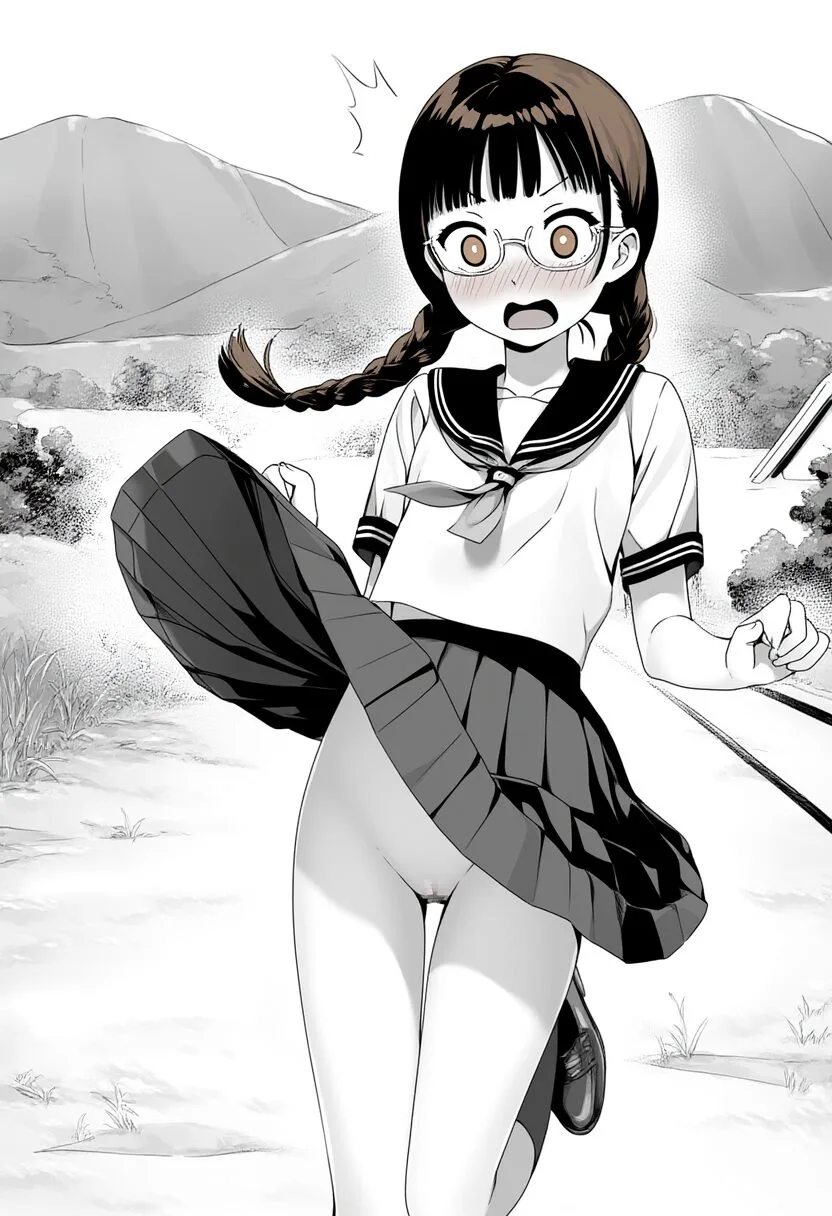 メガネおさげ女子のスカートが捲れ上がってるが、中身はノーパン