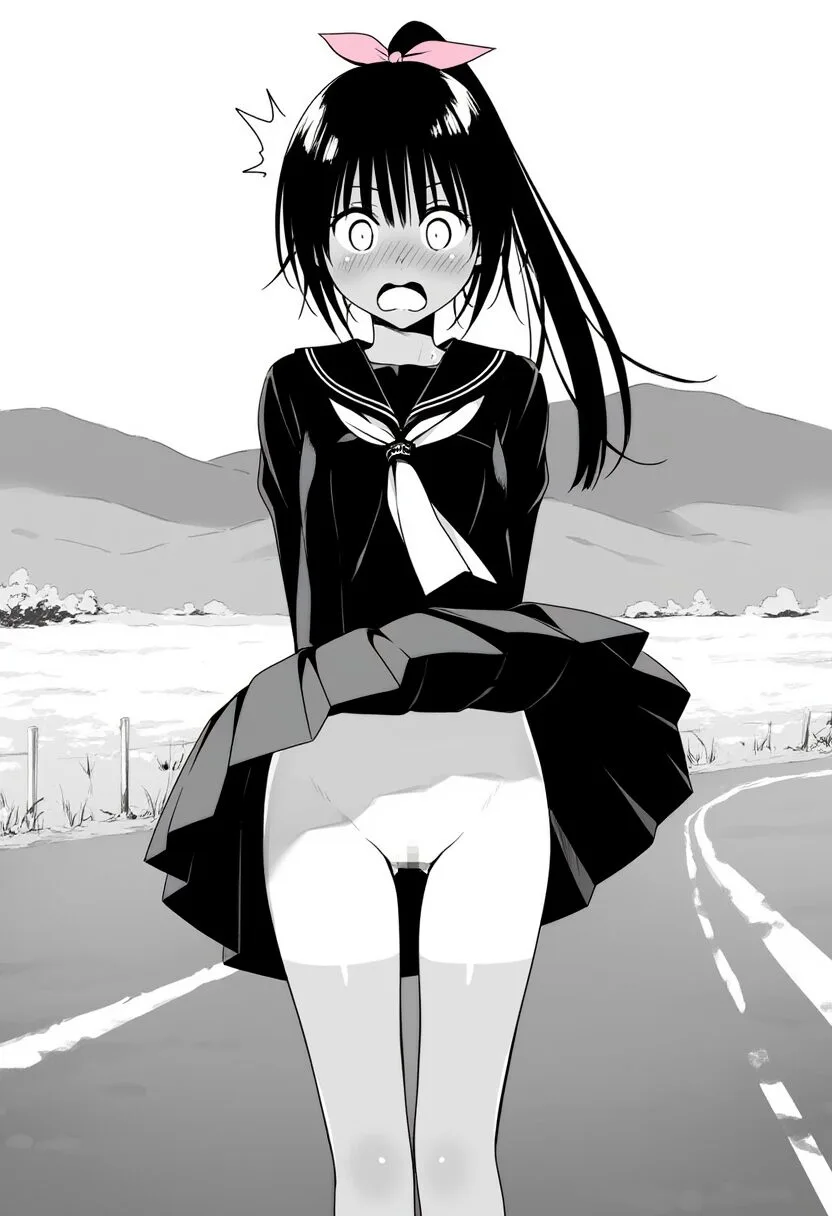 黒髪ポニテ女子のスカートが捲れ上がってるが、中身はノーパン