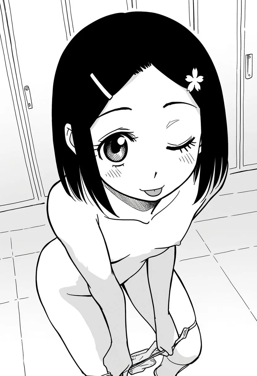 ショートヘアのぱっつん髪の女の子はイタズラな笑顔で脱いでる