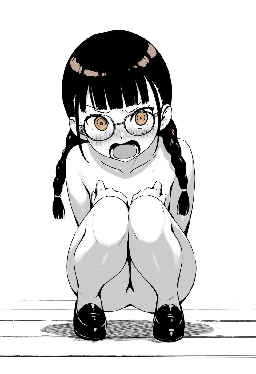 メガネおさげ女子は恥ずかしくて座り込んでいる