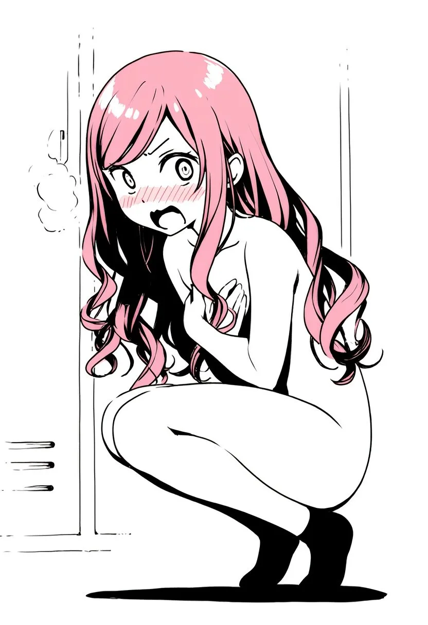 ピンクな髪の女子は恥ずかしくて座り込んでいる