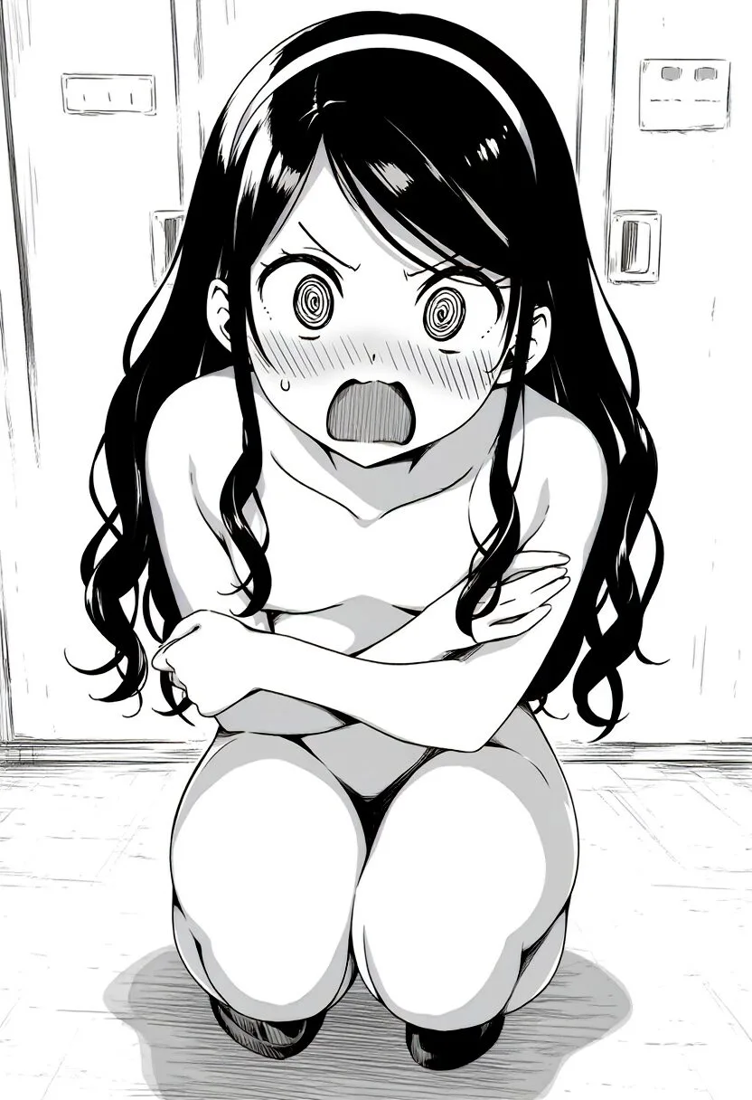 あどけない女子は恥ずかしくて座り込んでいる