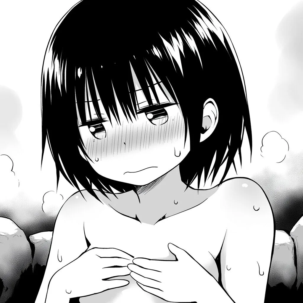 茶髪ぱっつん女の子は温泉で手ブラでジト目