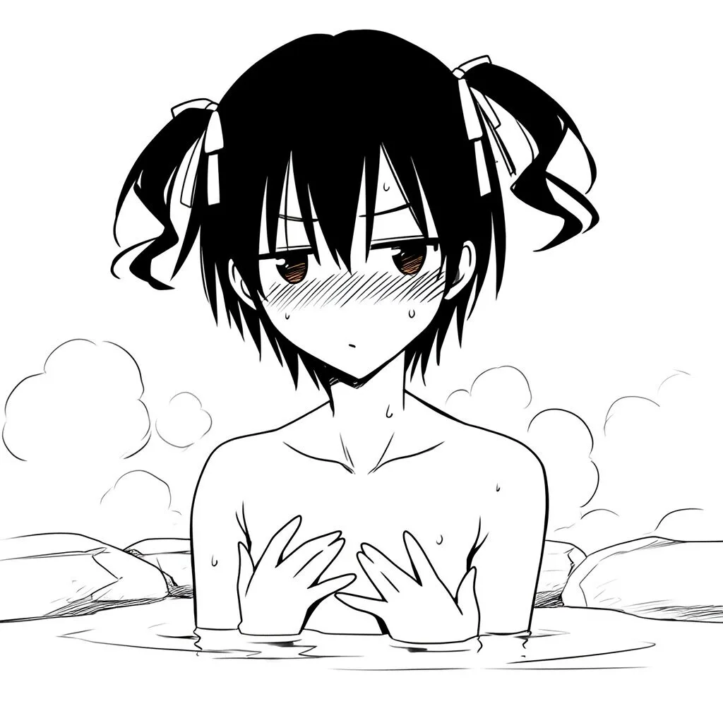 黒髪女子は温泉で手ブラでジト目