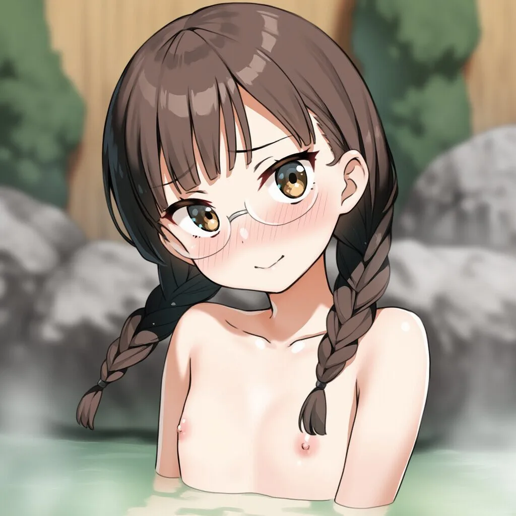 メガネおさげ女子は温泉で笑顔でおっぱい見せてる