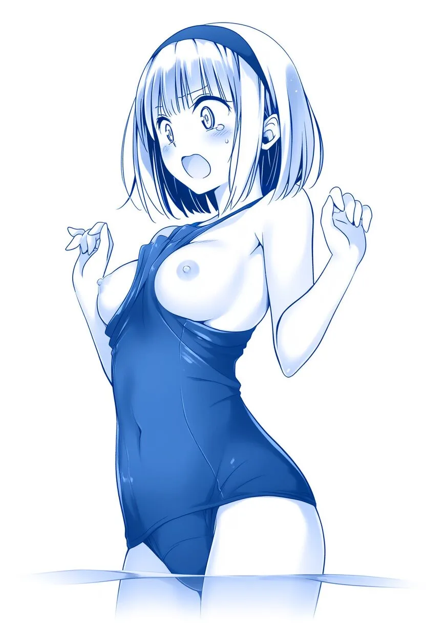 シルバーヘア女の子の水着が破れておっぱい丸見え