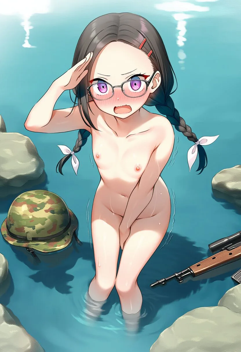 眼鏡ガールは行軍中にサボって水浴びしているところを上官に見つかってしまう