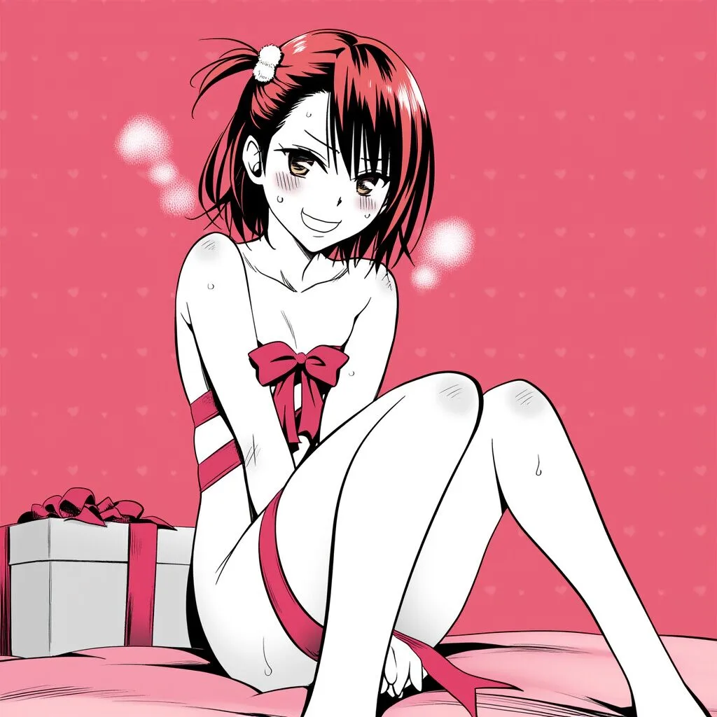 赤髪女子は体にリボンを巻いている