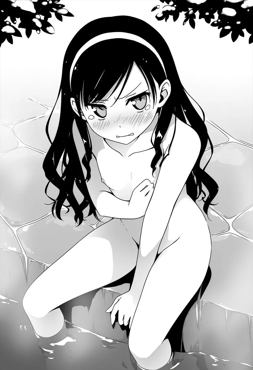 ヘアバンドが可愛い女子は冬の温泉で裸で恥ずかしい