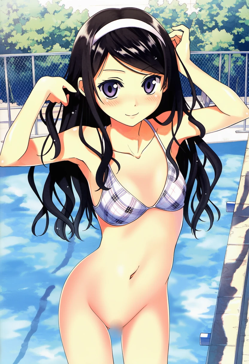 朝霧ことは: a girl, pool, bikini, bottomless, head tilt, smile, nsfw, va