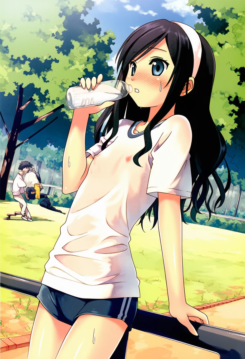 朝霧ことは: a girl, park, trees, baggy T-shirt, short pants, school gym
