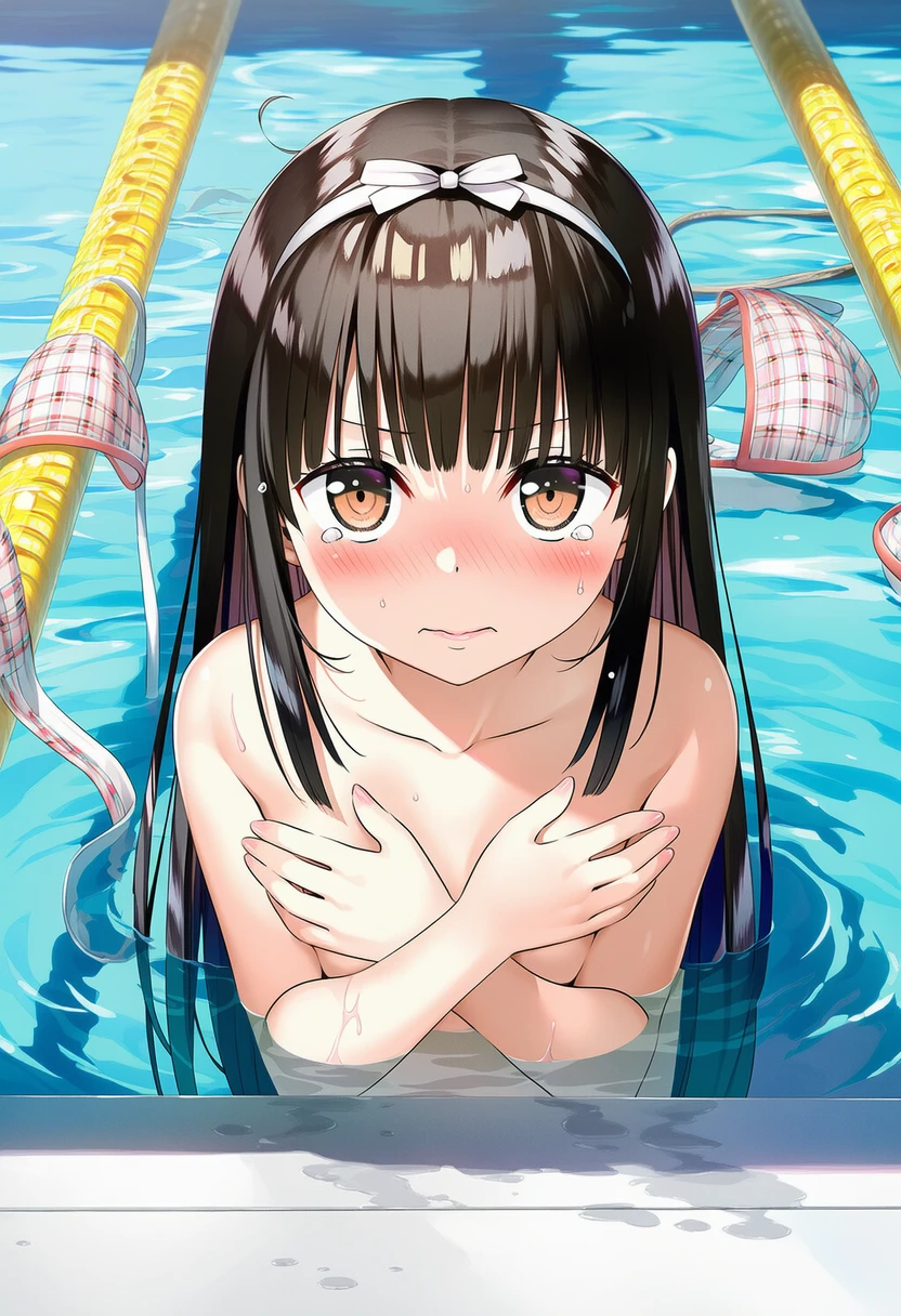 氷室みゆ: a girl, pool, topless, her chest is under the water, {{{{{