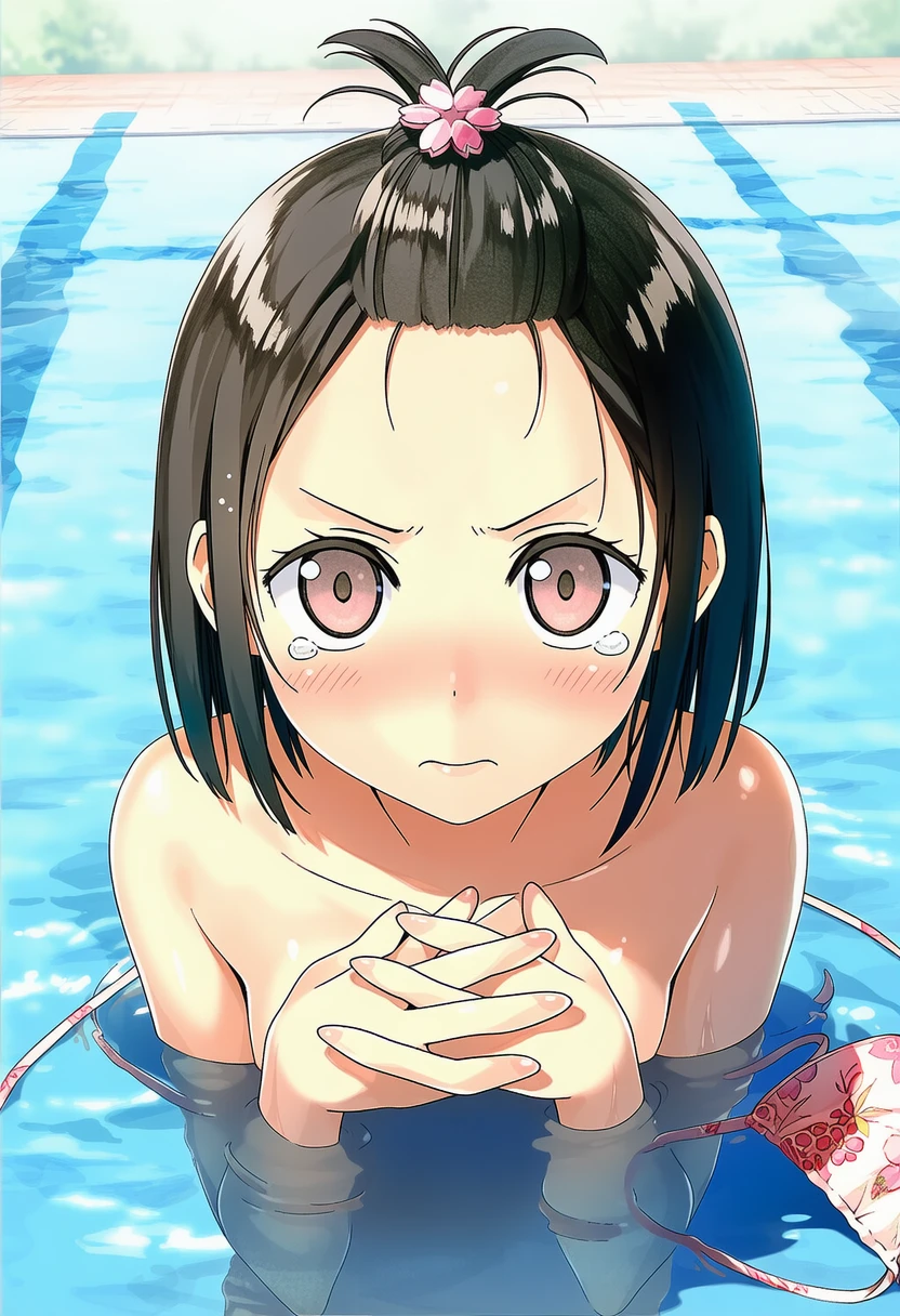 日和佐のの: a girl, pool, topless, her chest is under the water, {{{{{