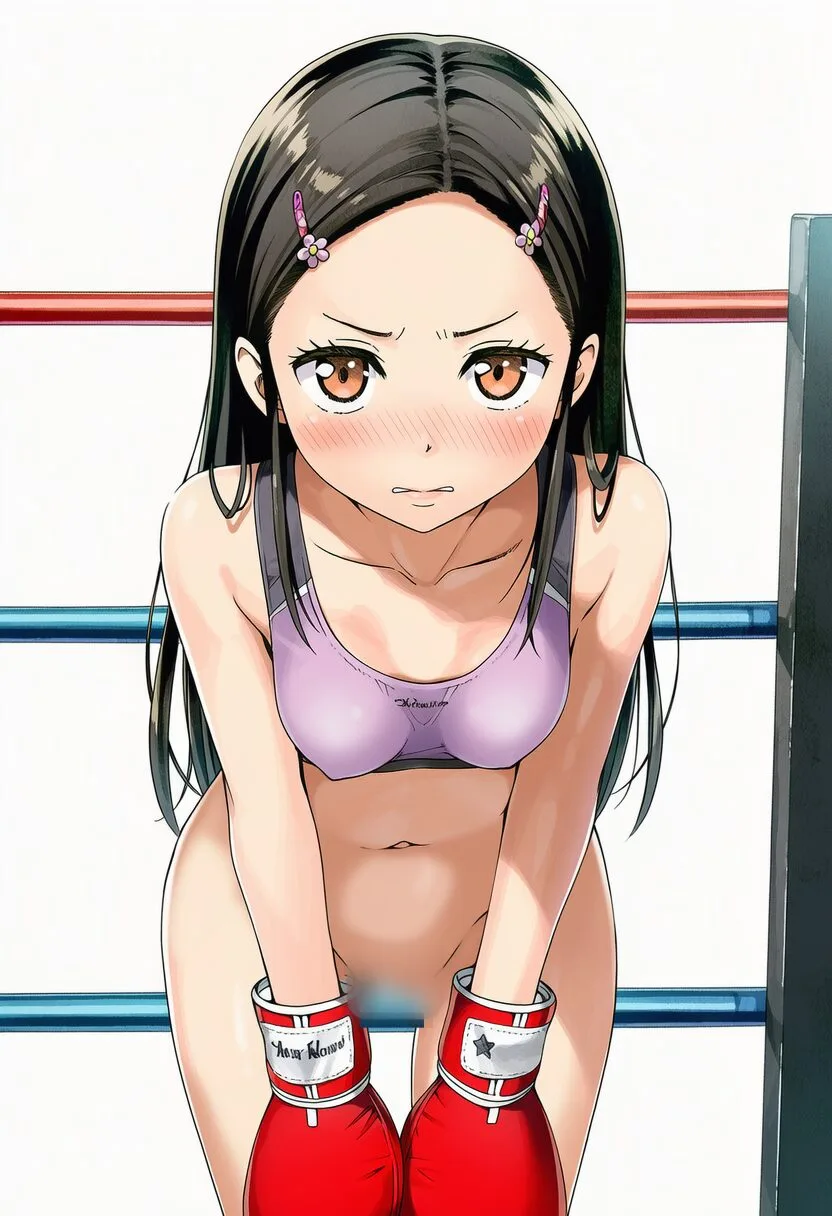五月女さな: a girl, solo, bottomless, boxing style, in a gym, super emba