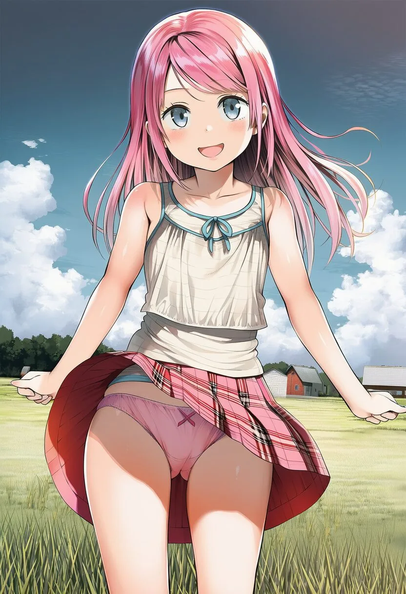 明日香あまね: a girl, grass land, having fun, wind blow up her skirt , pan