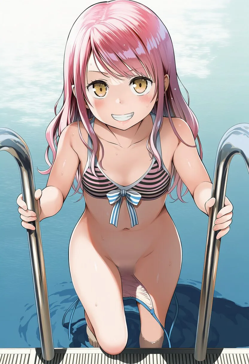 明日香あまね: a girl, pool, swim cap, she grabs ladder steps poles, knee u