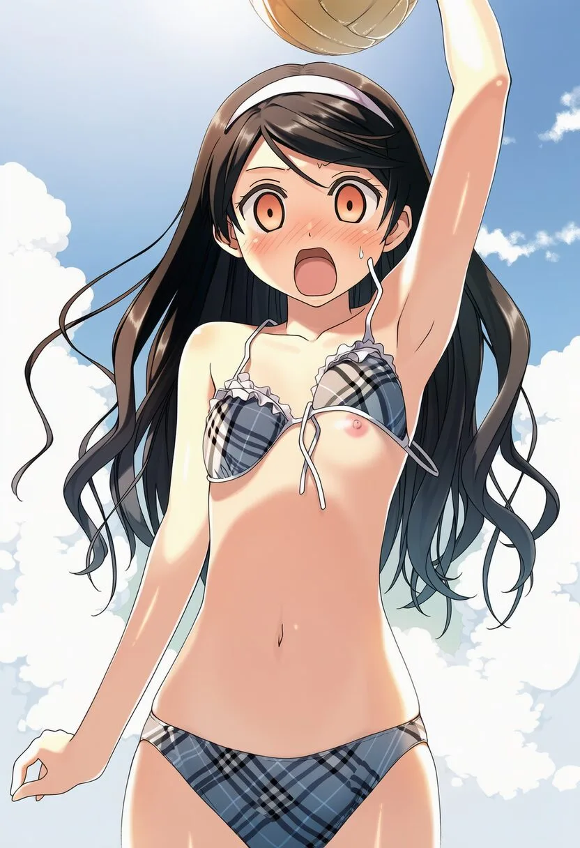 朝霧ことは: a girl, playing beach volleyball, sky, cloud, jumping, bikin