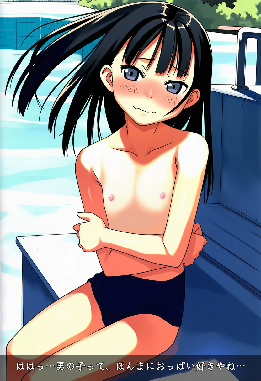 マキは男の子水着でベンチに座ってる