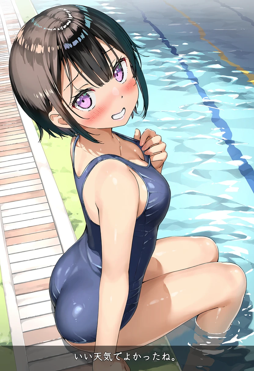 松井ひなこはスクール水着でプールサイドに座る